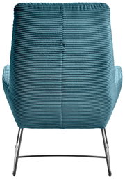 Achterkant van een fauteuil met een turquoise, geribbelde stoffen bekleding en slanke metalen poten.