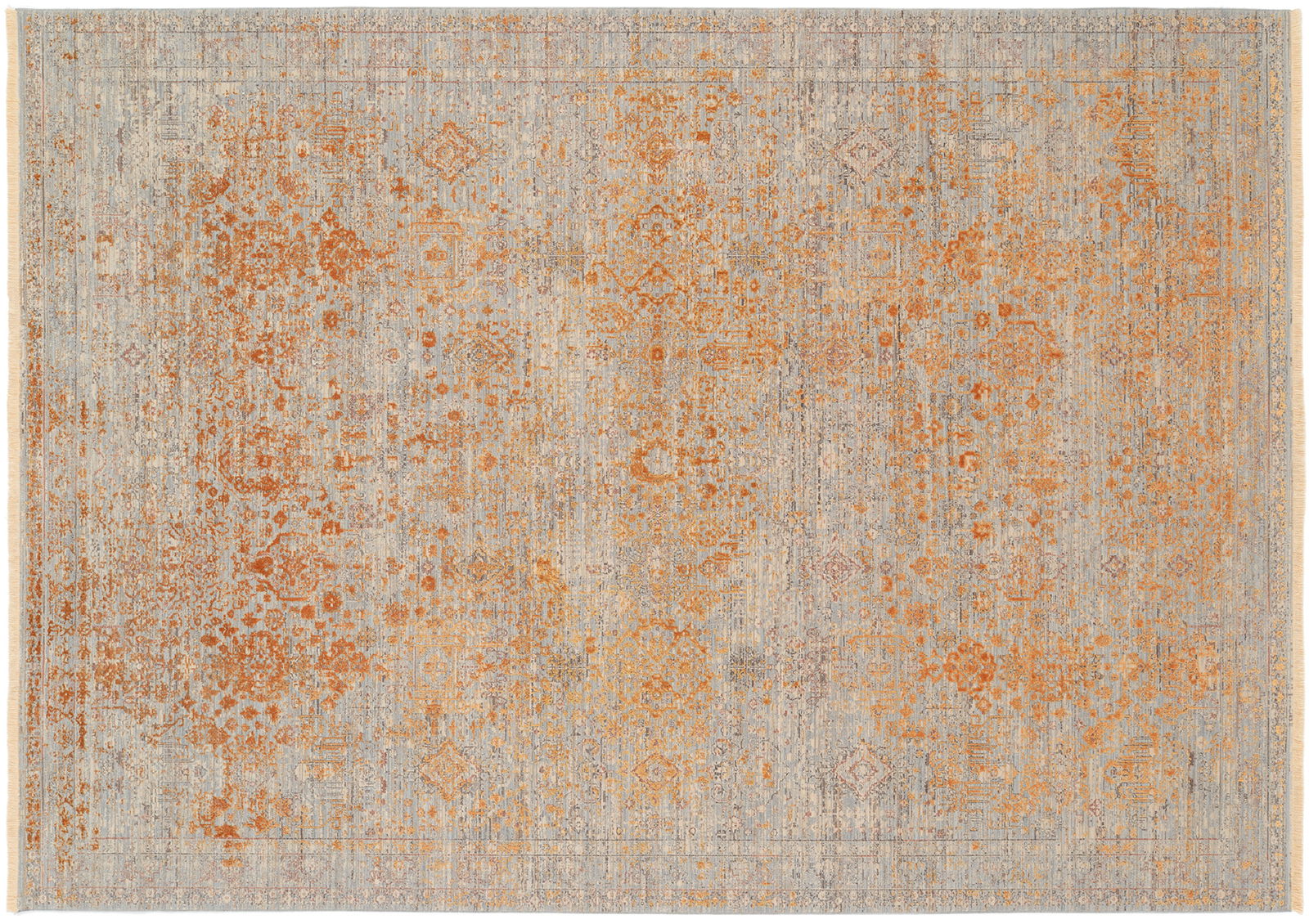 Designer Teppich mit orientalischem Muster in Orange- und Grautönen, Draufsicht
