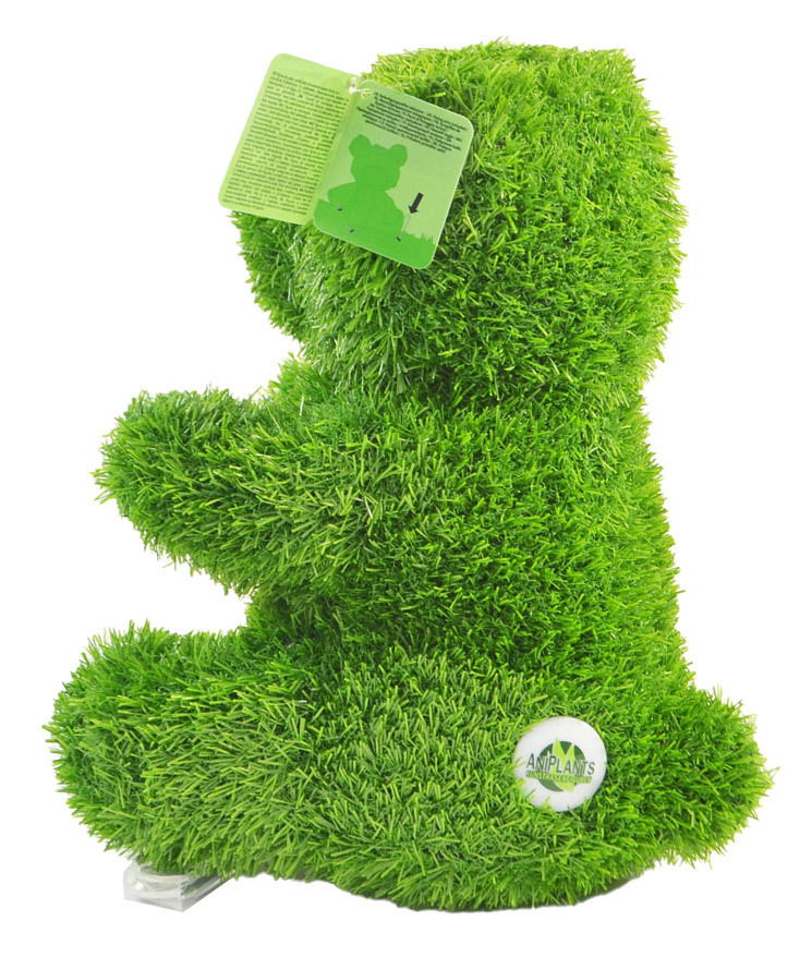 Grüner, kleiner Bär aus Kunstgras, seitliche Perspektive, mit Etikett und ANIPLANTS-Logo.