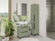 Moderner Spiegelschrank in einem stilvollen Badezimmer mit grünen Akzenten, Pflanzen und einer Dusche, aus der Perspektive von vorne betrachtet.