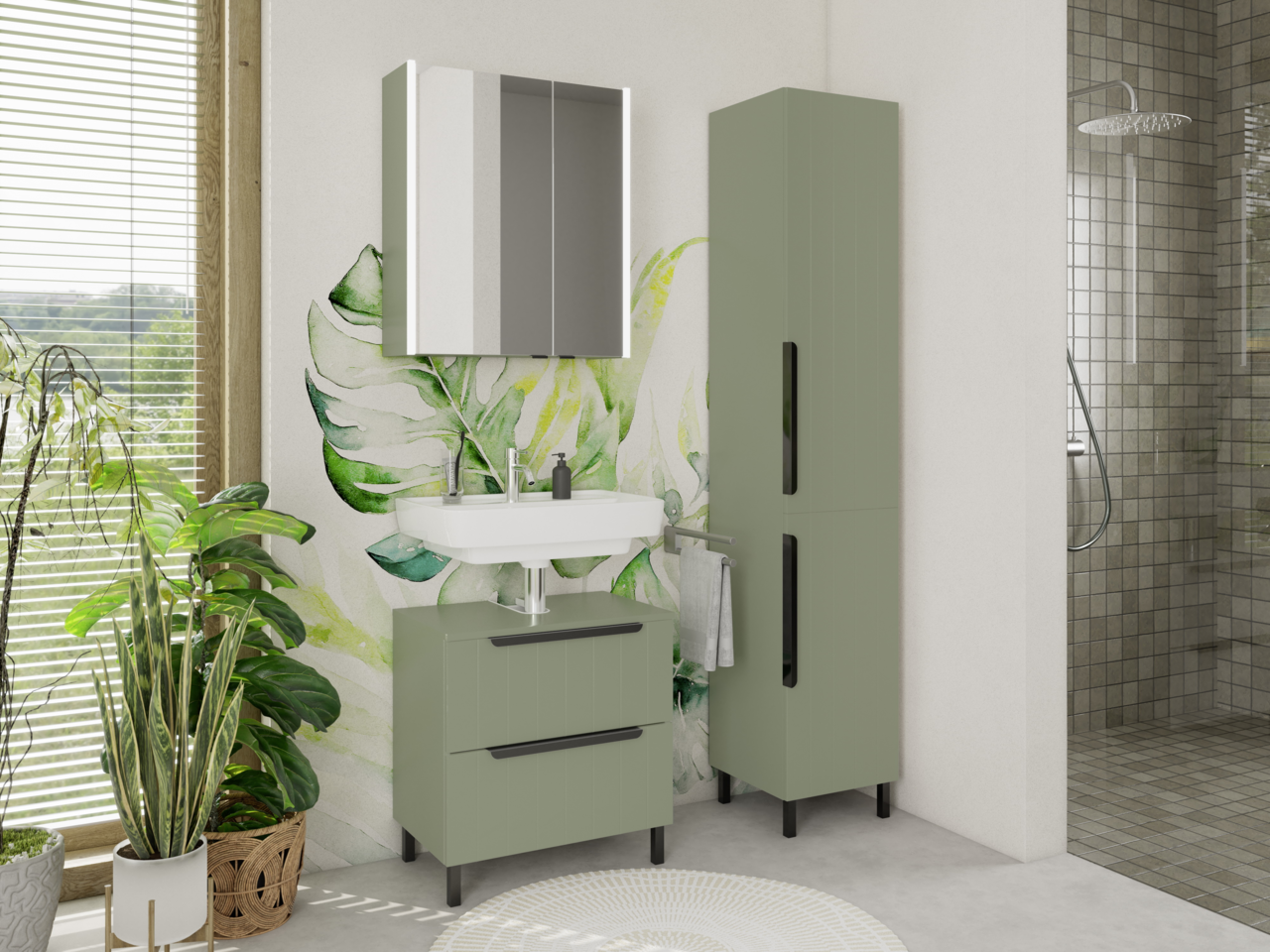 Moderner Spiegelschrank in einem stilvollen Badezimmer mit grünen Akzenten, Pflanzen und einer Dusche, aus der Perspektive von vorne betrachtet.