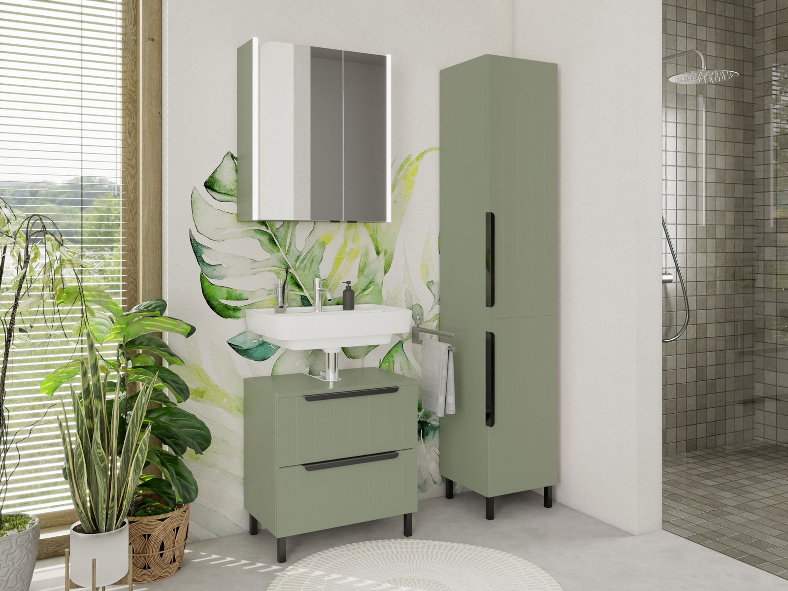 Moderner Spiegelschrank in einem stilvollen Badezimmer mit grünen Akzenten, Pflanzen und einer Dusche, aus der Perspektive von vorne betrachtet.