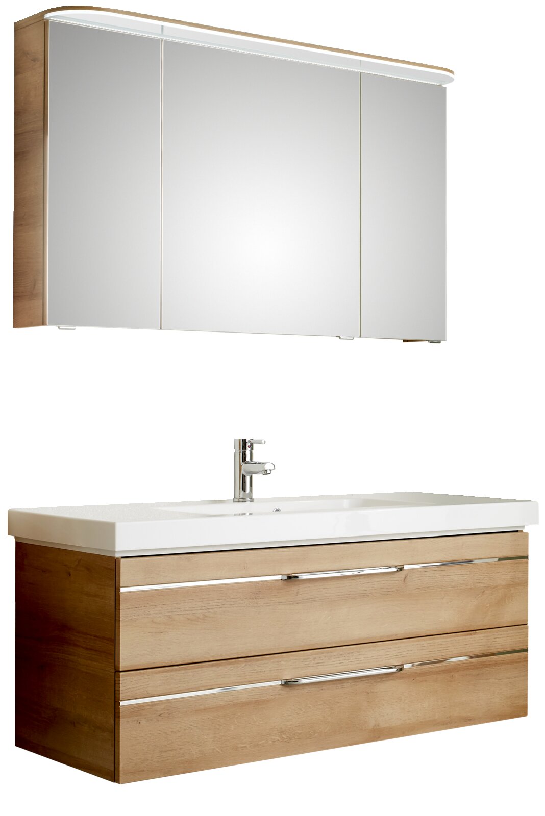 Pelipal Badblock BALTO SPRINT Moderner Badblock mit Holzoptik und Spiegelschrank, frontal betrachtet.