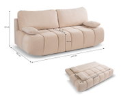 Beiges Schlafsofa, 2-Sitzer, mit weichen Kissen und abgerundeten Formen, in Sitz- und Liegeposition, seitliche Perspektive