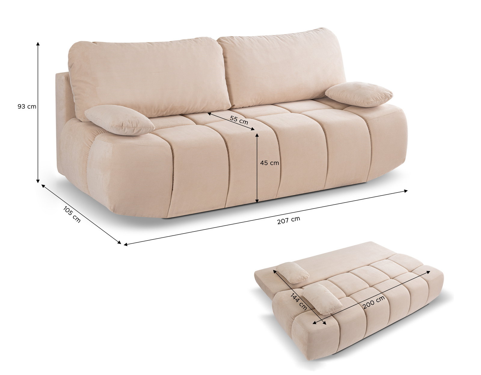 Beiges Schlafsofa, 2-Sitzer, mit weichen Kissen und abgerundeten Formen, in Sitz- und Liegeposition, seitliche Perspektive