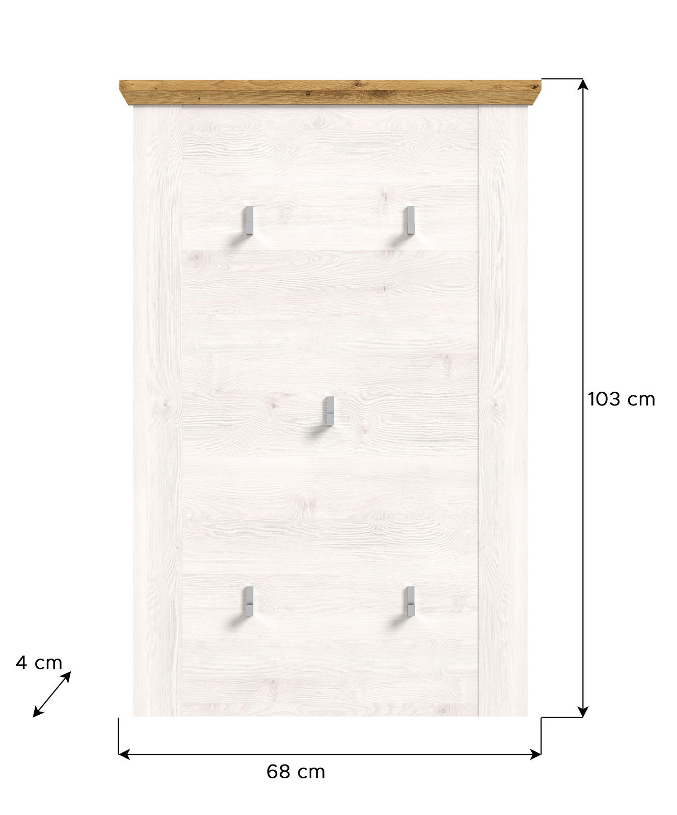 Garderobenpaneel in Frontansicht mit Holzleiste oben, vier Haken und weißer Holzoptik, Maße 103 cm hoch, 68 cm breit, 4 cm tief.