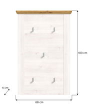 Garderobenpaneel in Frontansicht mit Holzleiste oben, vier Haken und weißer Holzoptik, Maße 103 cm hoch, 68 cm breit, 4 cm tief.
