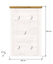 Garderobenpaneel in Frontansicht mit Holzleiste oben, vier Haken und weißer Holzoptik, Maße 103 cm hoch, 68 cm breit, 4 cm tief.