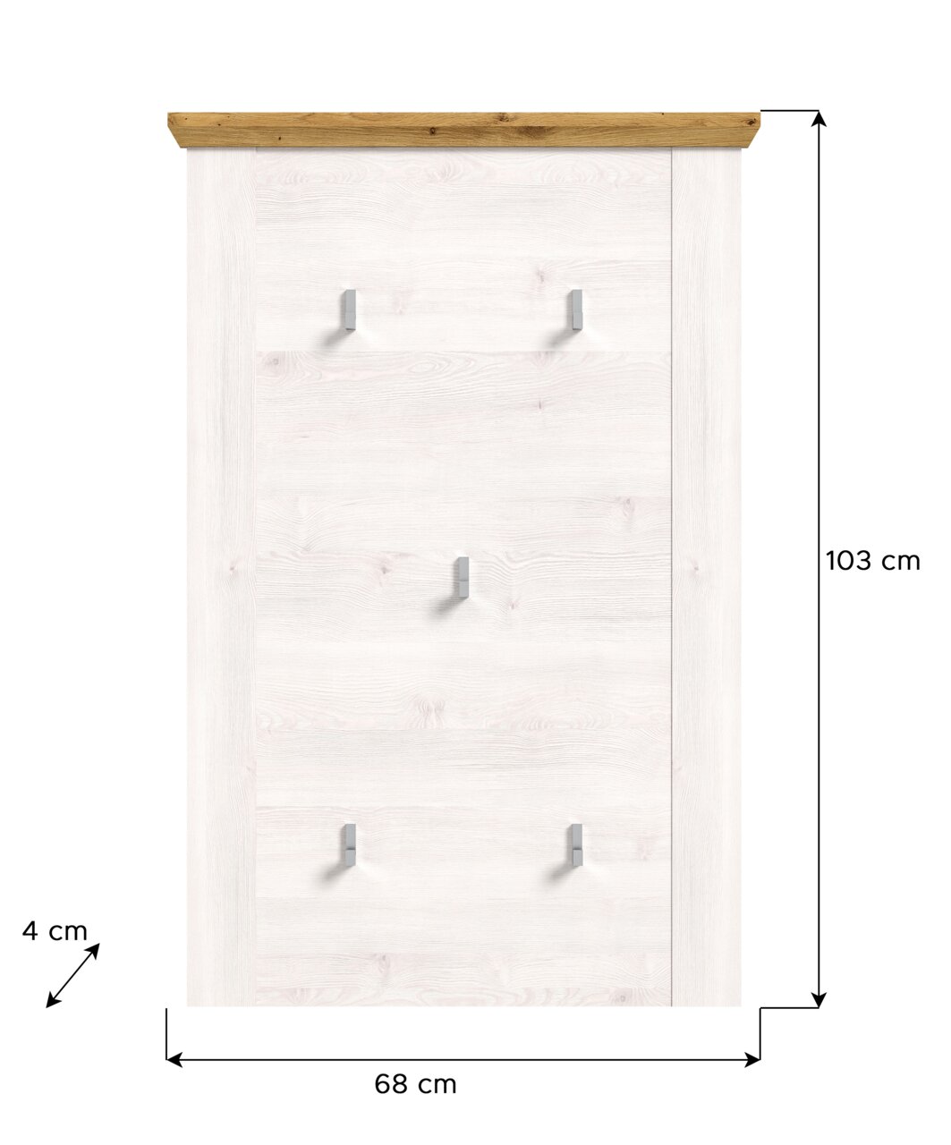Garderobenpaneel in Frontansicht mit Holzleiste oben, vier Haken und weißer Holzoptik, Maße 103 cm hoch, 68 cm breit, 4 cm tief.