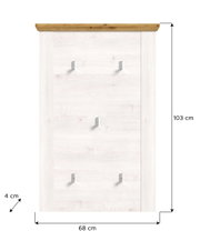 Garderobenpaneel in Frontansicht mit Holzleiste oben, vier Haken und weißer Holzoptik, Maße 103 cm hoch, 68 cm breit, 4 cm tief.