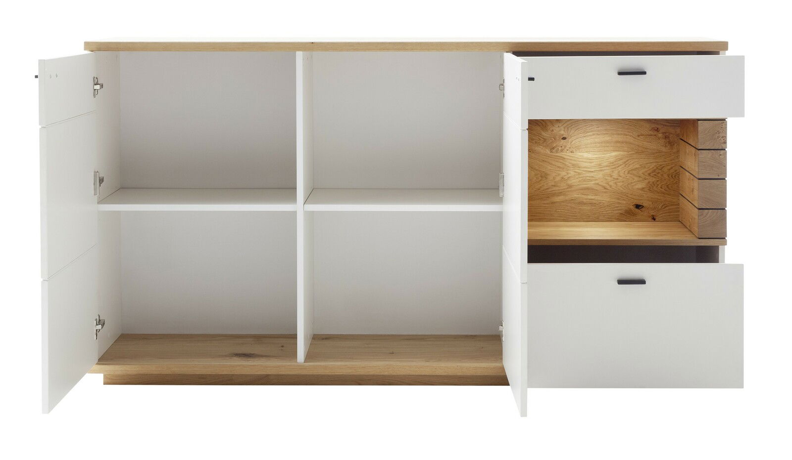 Frontansicht eines weißen Sideboards mit offenen Türen und Schubladen, Holzoberfläche und Innenfächern.