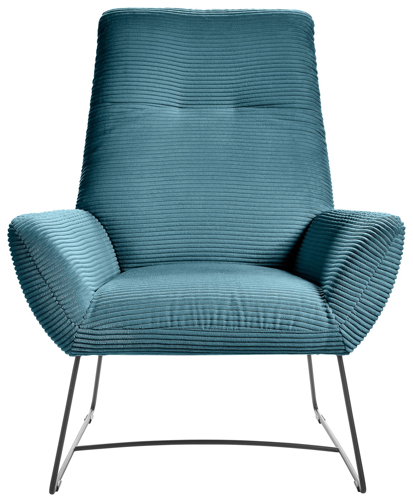 Moderner Sessel in Türkis mit geripptem Stoffbezug und schlanken Metallbeinen, Frontalansicht