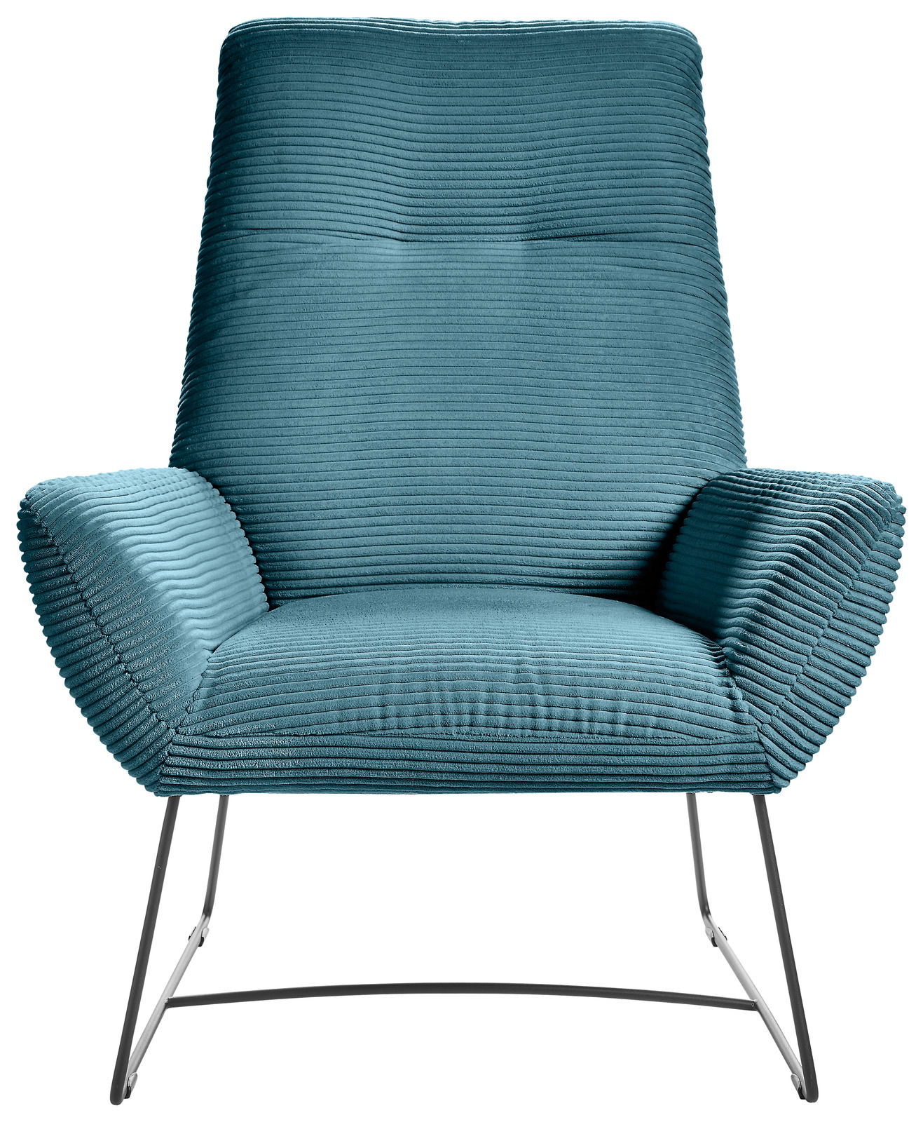 Moderner Sessel in Türkis mit geripptem Stoffbezug und schlanken Metallbeinen, Frontalansicht