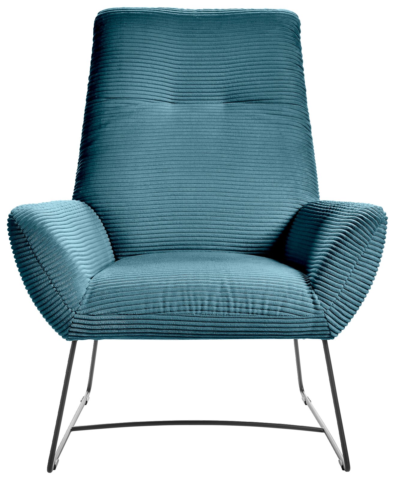 Moderne fauteuil in turkoois met geribbelde stoffen bekleding en slanke metalen poten, vooraanzicht