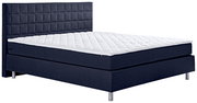 Boxspringbett in seitlicher Perspektive mit dunkelblauem Stoffbezug und gestepptem weißen Topper.
