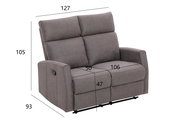 Graues 2-Sitzer-Sofa mit verstellbaren Rückenlehnen, seitlicher Hebel und Abmessungen in der Seitenansicht.