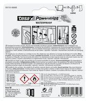 Rückseite der Verpackung von tesa Powerstrips Waterproof, zeigt Anweisungen zur Anwendung und Sicherheitsinformationen. Perspektive von hinten.