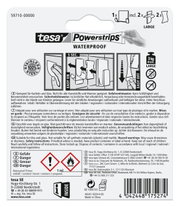 Rückseite der Verpackung von tesa Powerstrips Waterproof, zeigt Anweisungen zur Anwendung und Sicherheitsinformationen. Perspektive von hinten.
