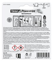 Rückseite der Verpackung von tesa Powerstrips Waterproof, zeigt Anweisungen zur Anwendung und Sicherheitsinformationen. Perspektive von hinten.