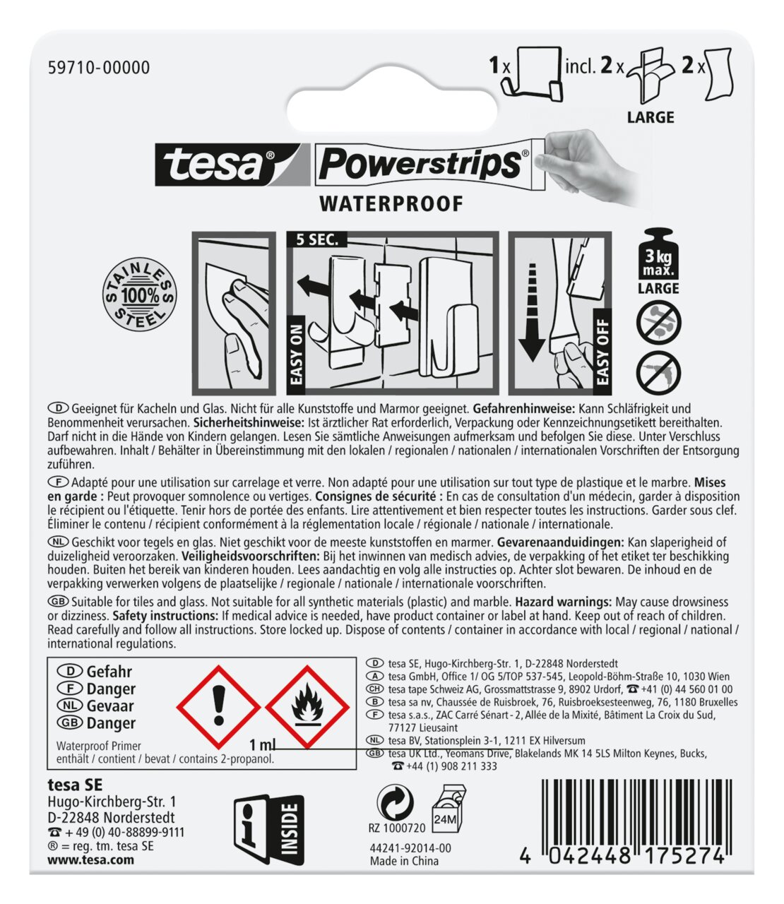Rückseite der Verpackung von tesa Powerstrips Waterproof, zeigt Anweisungen zur Anwendung und Sicherheitsinformationen. Perspektive von hinten.