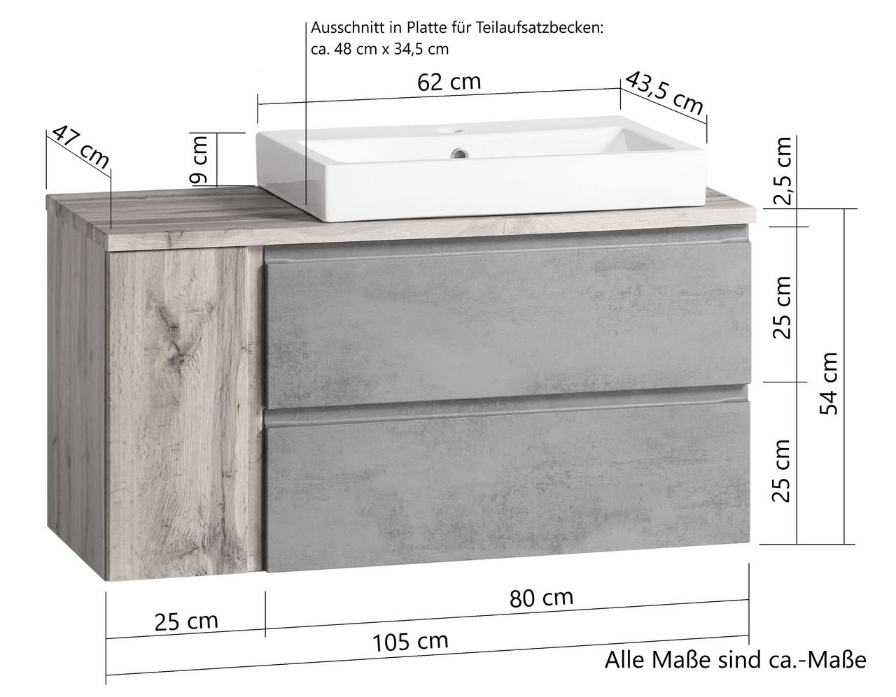 Waschtisch-Set 105 cm mit rechteckigem Waschbecken und zwei Schubladen, Frontansicht
