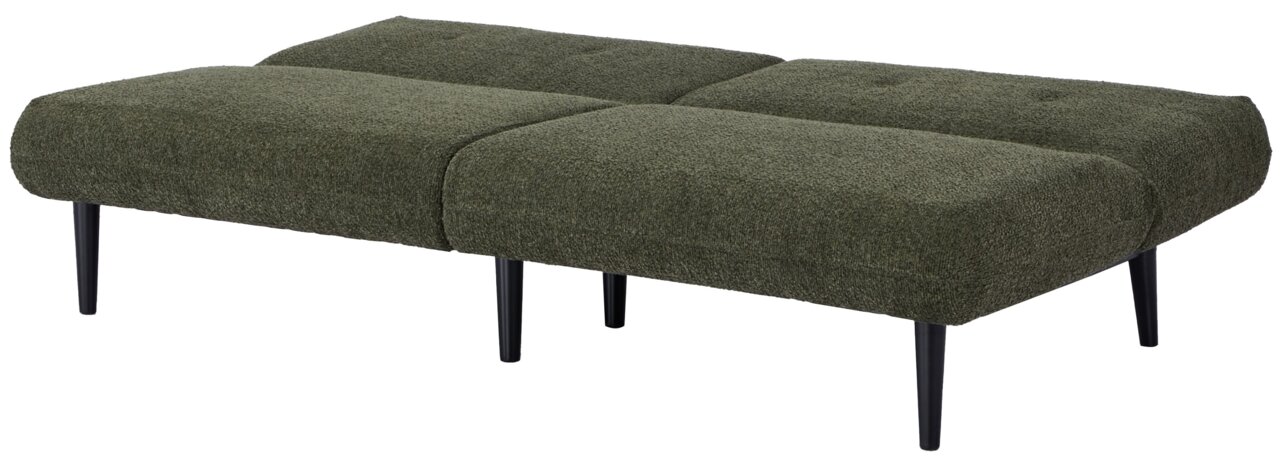 Grünes Funktionssofa mit drei gepolsterten Sitzflächen und schwarzen Beinen, seitliche Perspektive