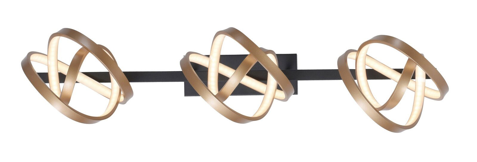 Moderne Deckenleuchte mit drei ineinander verschlungenen, leuchtenden Ringen in Goldoptik, seitliche Perspektive