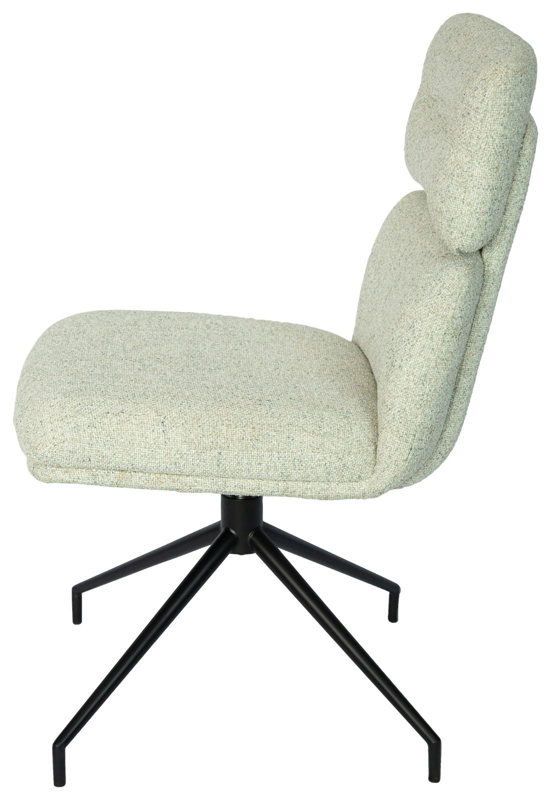 Seitenansicht eines modernen Stuhls mit hellgrauem Stoffbezug und schwarzem Metallgestell.