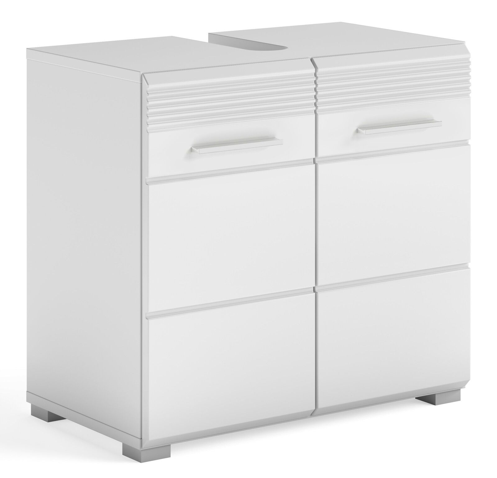 Weißer Waschbeckenunterschrank mit zwei Schubladen und vier Türen, perspektivisch von vorne links betrachtet.