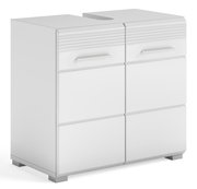 Weißer Waschbeckenunterschrank mit zwei Schubladen und vier Türen, perspektivisch von vorne links betrachtet.