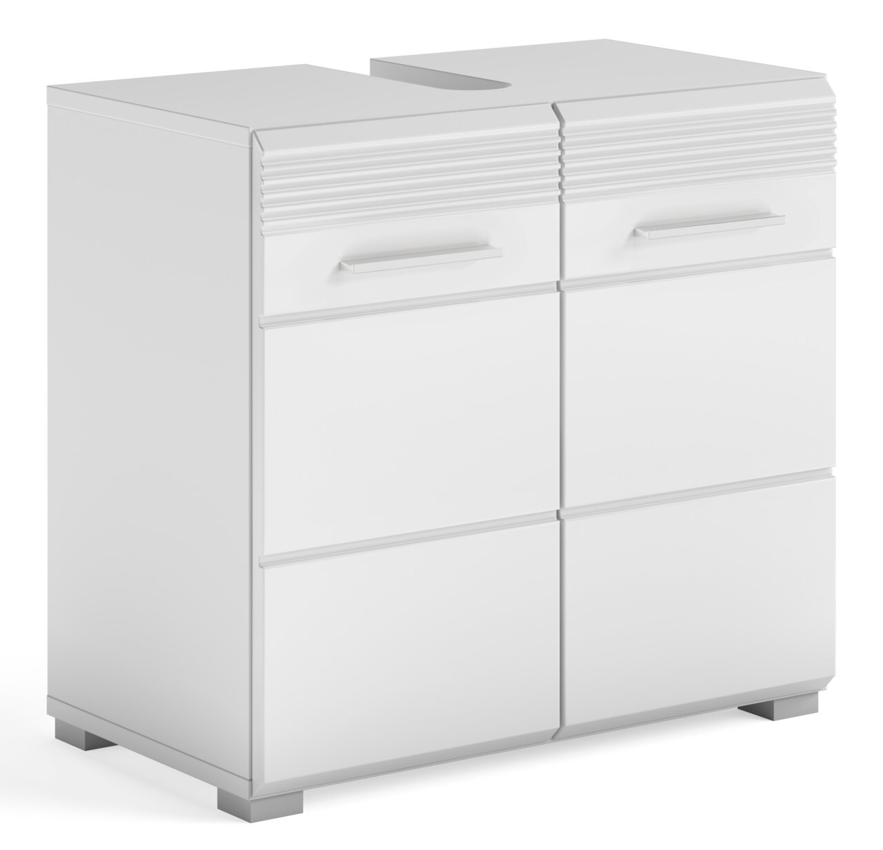 Weißer Waschbeckenunterschrank mit zwei Schubladen und vier Türen, perspektivisch von vorne links betrachtet.