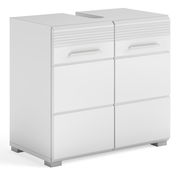 Weißer Waschbeckenunterschrank mit zwei Schubladen und vier Türen, perspektivisch von vorne links betrachtet.