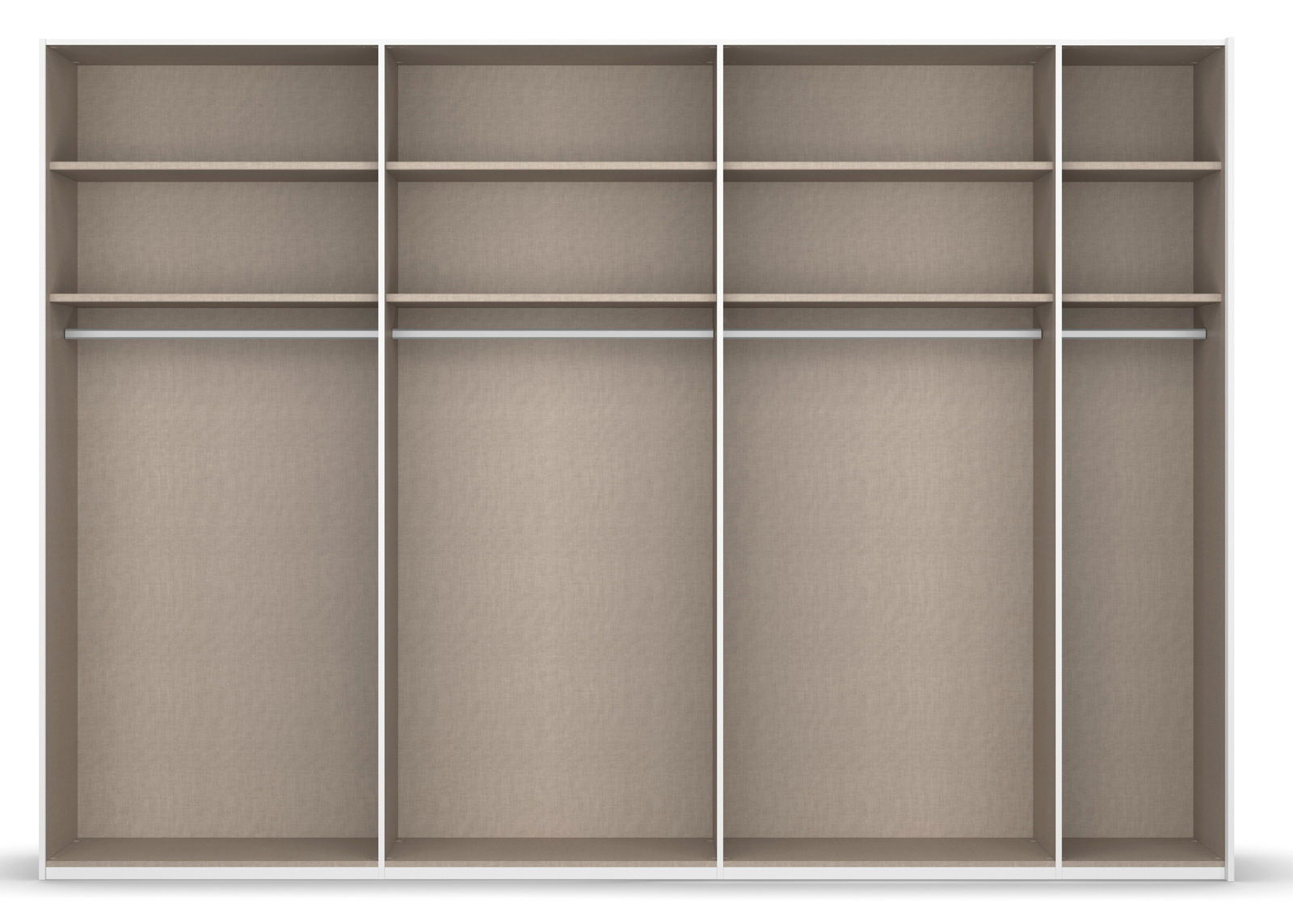 Frontansicht eines geräumigen Schwebetürenschranks mit mehreren Fächern und Kleiderstangen.