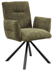 Grüner Armlehnstuhl mit gepolstertem Sitz und Rückenlehne, auf schwarzem Metallgestell, seitliche Perspektive