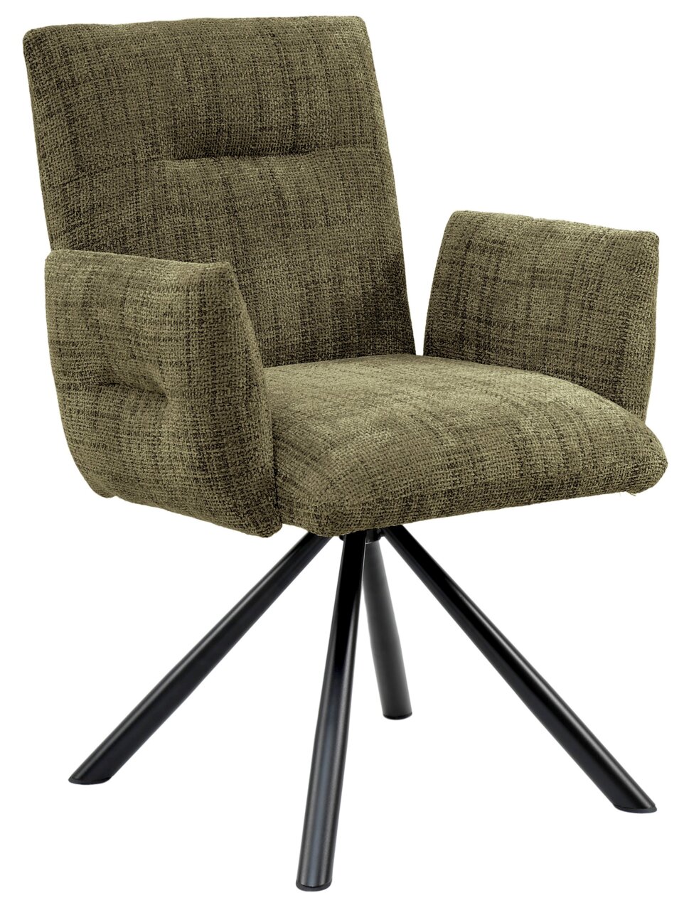 Grüner Armlehnstuhl mit gepolstertem Sitz und Rückenlehne, auf schwarzem Metallgestell, seitliche Perspektive