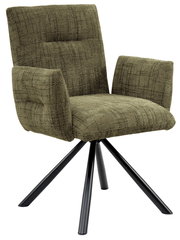 Grüner Armlehnstuhl mit gepolstertem Sitz und Rückenlehne, auf schwarzem Metallgestell, seitliche Perspektive