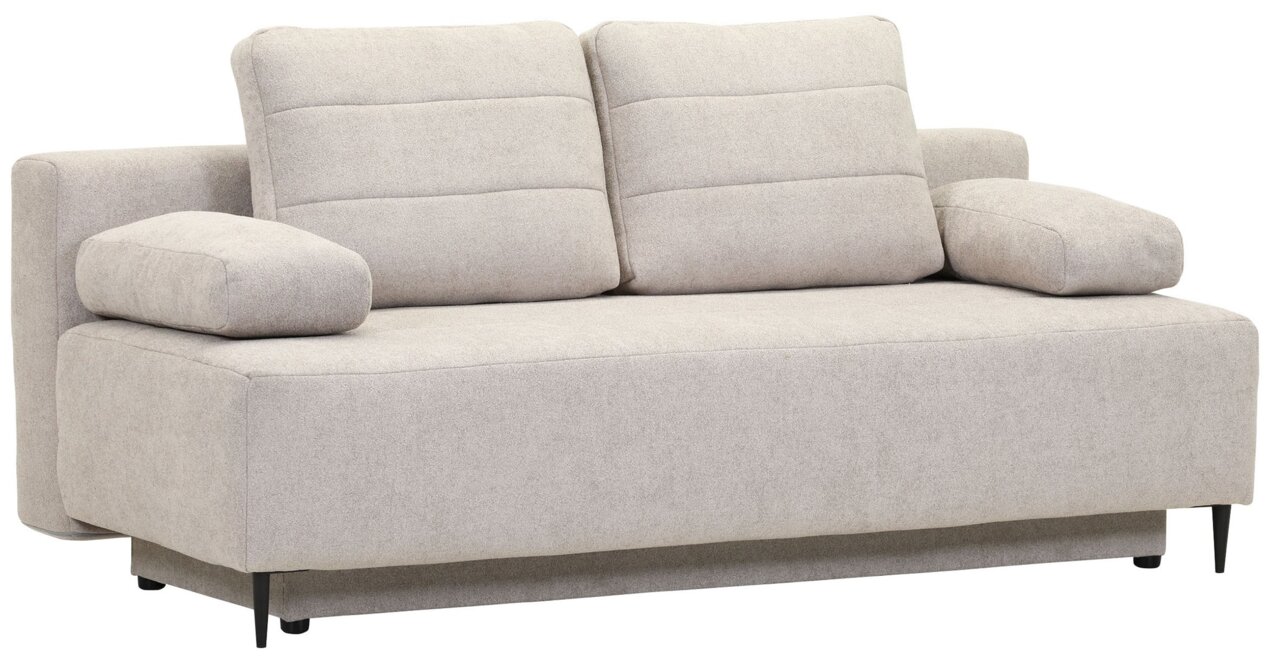 Beige functionele bank met twee rugkussens en armleuningen, zijaanzicht