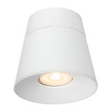 Weißer zylindrischer Strahler Lucide TRIGONO von unten betrachtet, mit leuchtendem LED-Licht.