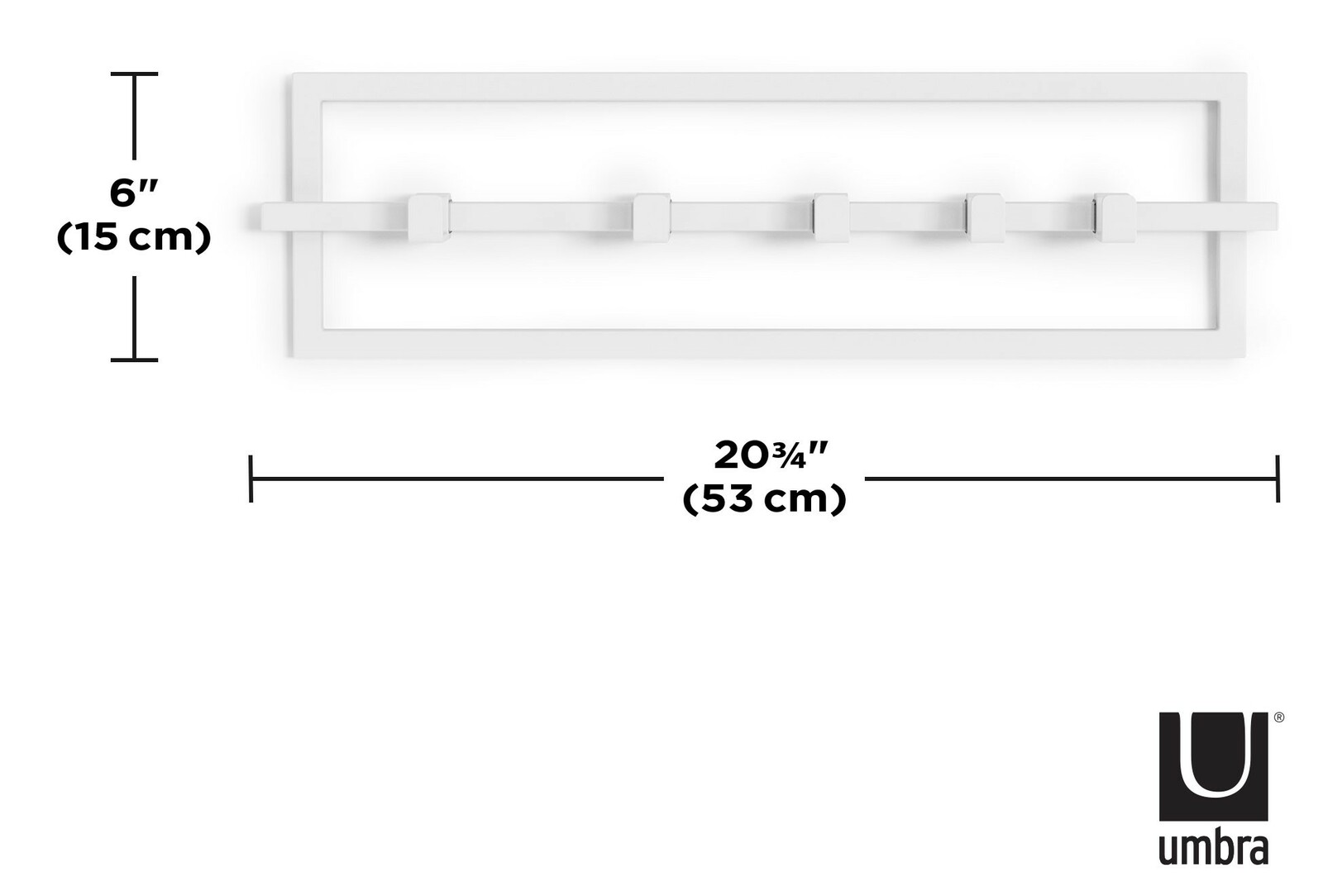 Weiße Wandgarderobe mit fünf Haken, rechteckiger Rahmen, Maße 53 cm x 15 cm, Ansicht von vorne.