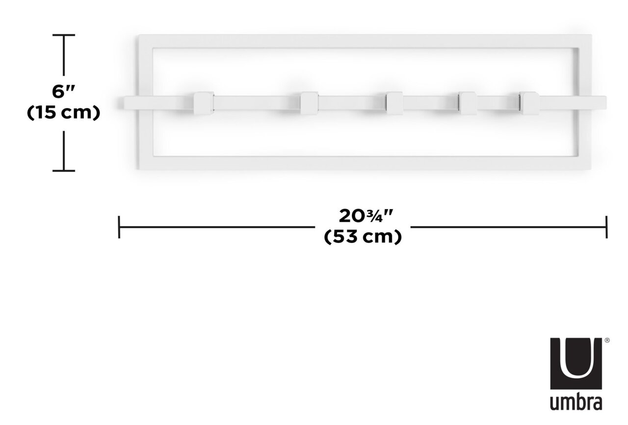 Weiße Wandgarderobe mit fünf Haken, rechteckiger Rahmen, Maße 53 cm x 15 cm, Ansicht von vorne.