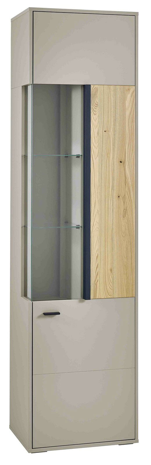 Hom´in Vitrine R GLASGOW Moderne Vitrine mit Glasfront und Holzelementen, seitliche Perspektive