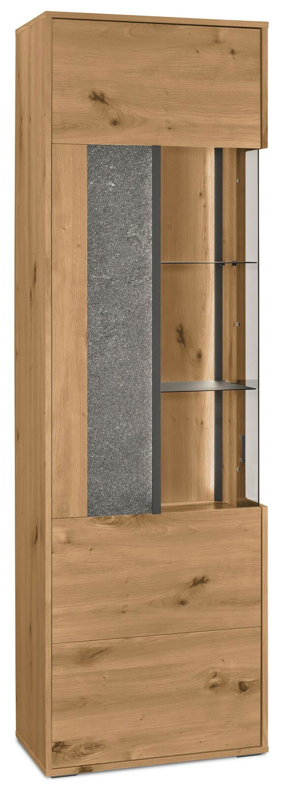 Vitrine aus Holz mit Glaselementen und Steinoptik, Frontalansicht
