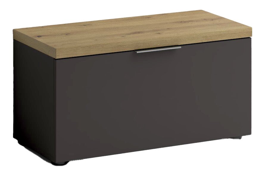 XORA Bank IDEA ANTHRAZIT Moderne Bank mit dunklem Korpus und heller Holzoberfläche, seitliche Perspektive