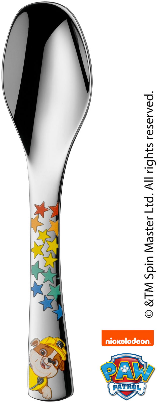 Löffel mit Paw Patrol Motiv, bunte Sterne und Charakter auf dem Griff, Vorderansicht