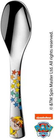 Lepel met Paw Patrol-motief, kleurrijke sterren en een figuurtje op het handvat, vooraanzicht