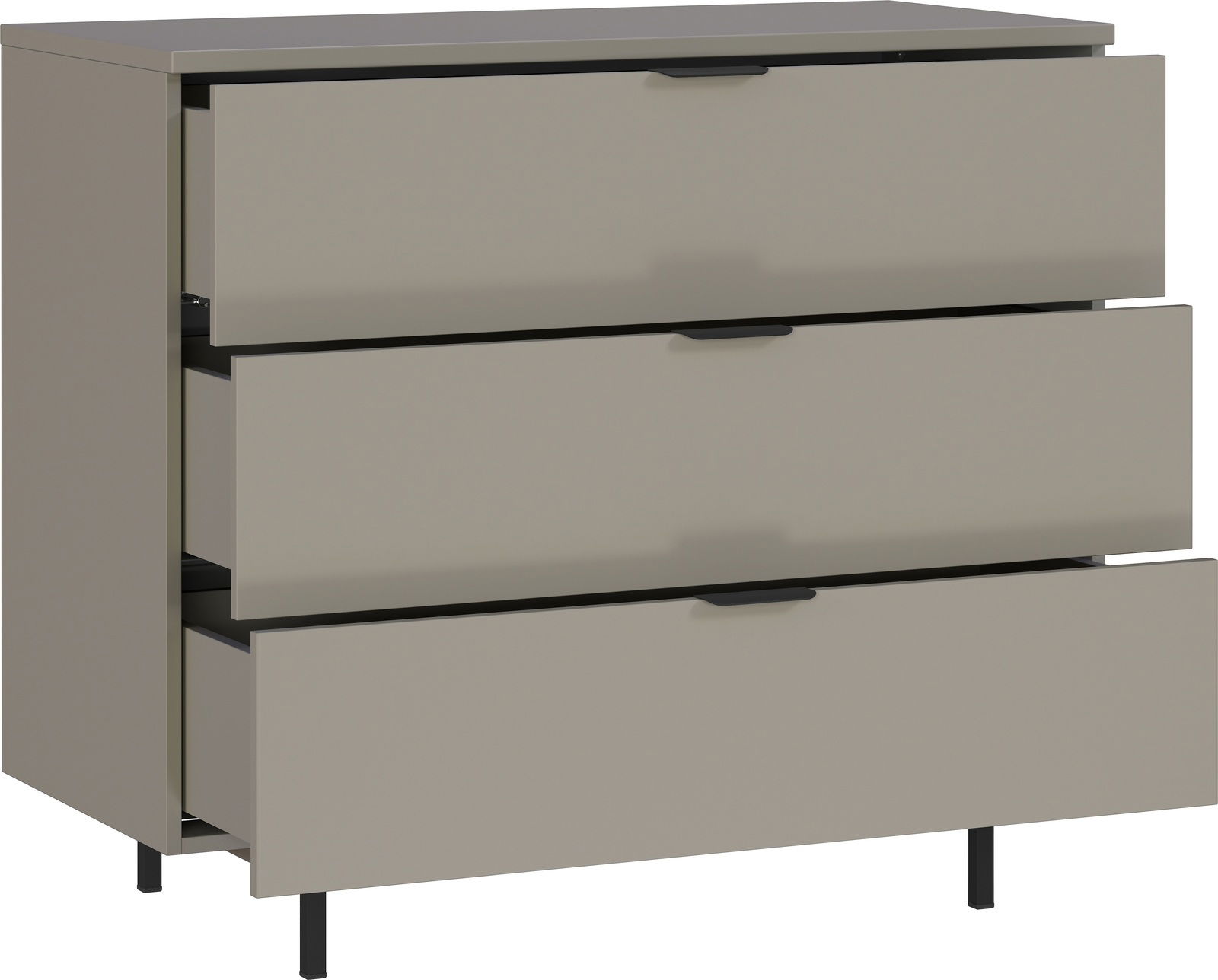 Kommode mit drei offenen Schubladen, seitliche Perspektive