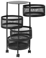 Schwarzer Allzweckwagen mit drei runden, drehbaren Ablagekörben und Rollen, seitliche Perspektive