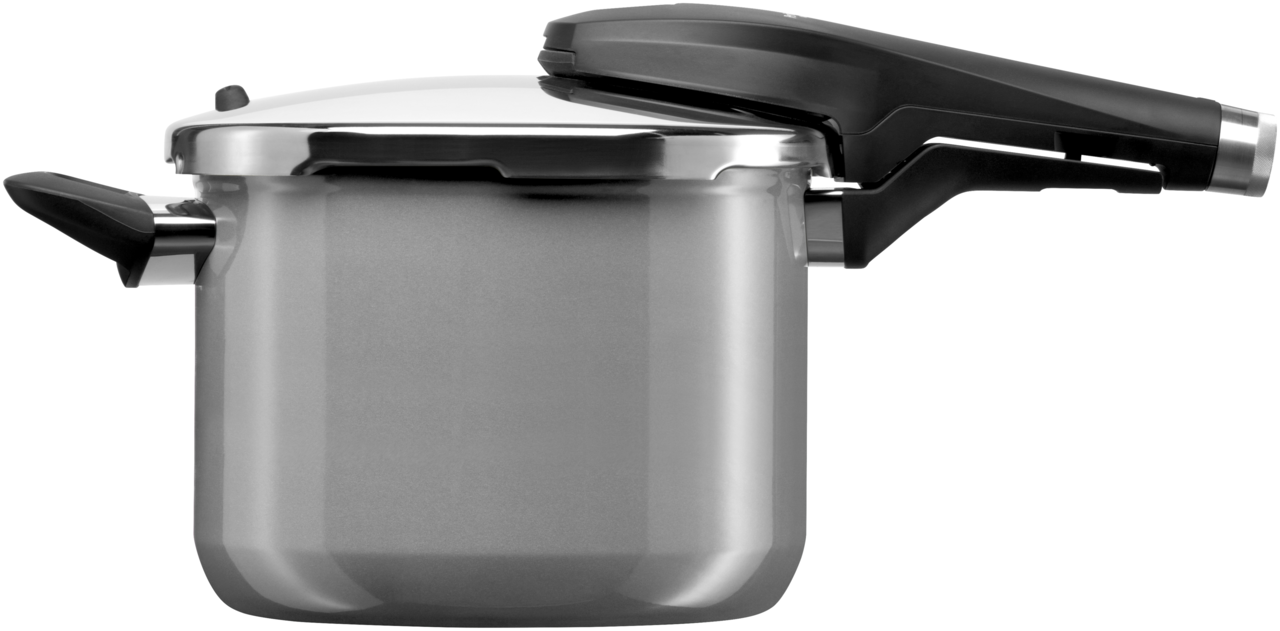 Schnellkochtopf Fusiontec Perf in seitlicher Ansicht mit schwarzem Griff und silbernem Korpus.