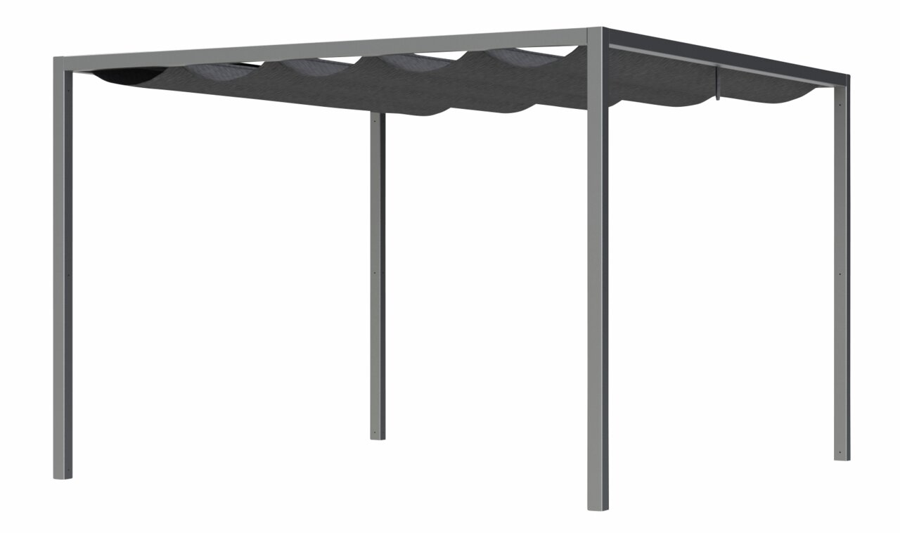 Moderne pergola met metalen vouwdak, zijaanzicht