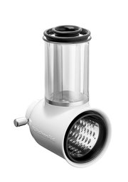 Gemüseschneider aus seitlicher Perspektive mit transparentem Einfüllrohr und silberner Trommel.